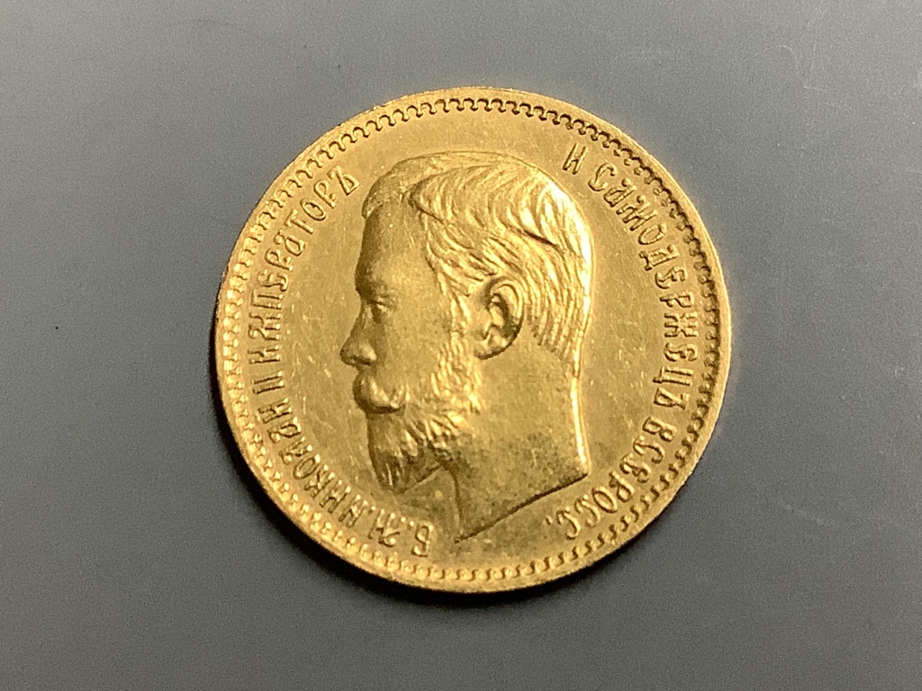 A Russian five rouble gold coin, 1904, Nicholas II (1895-1911)